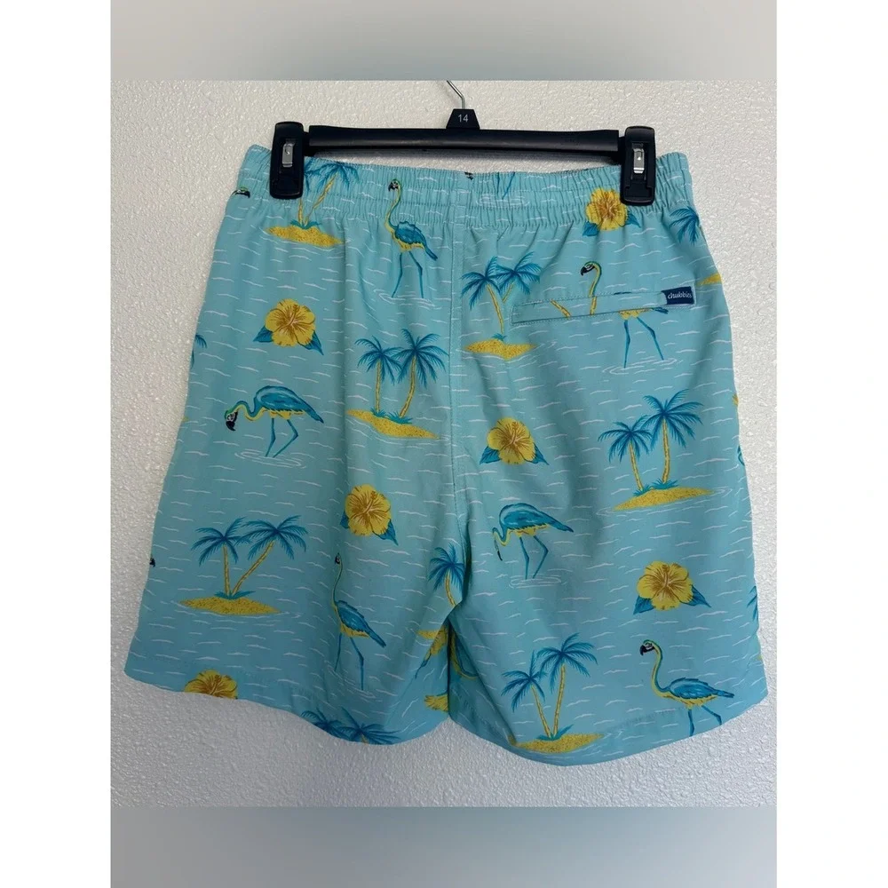 chubbies Mens Medium The Flarrots‎ 7 Inch Swim Trunk Aqua Flamingo and Hibiscus